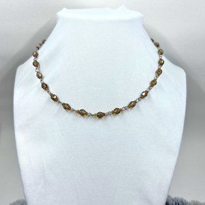 Simple 14” Brown Beaded Chain Linked Choker Necklace
